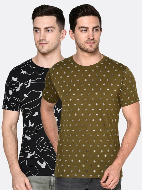 

ELEGANCE Men Black & Olive Green Pack of 2 Printed T-shirts