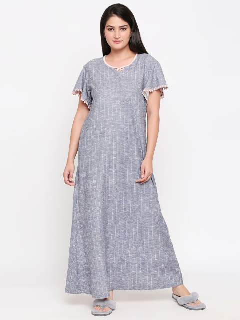

XIN Blue Striped Cotton Maxi Nightdress