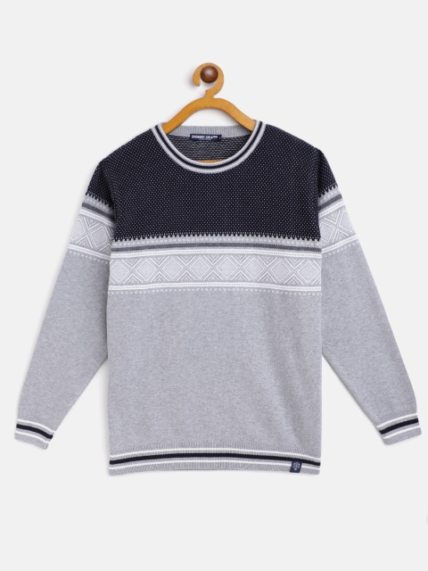 

Monte Carlo Boys Grey Melange & Navy Blue Patterned Pure Cotton Pullover