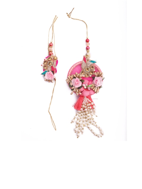 

NAMASYA Pink Floral Bhaiya Babhi Rakhi Set With Pearl Tassesls