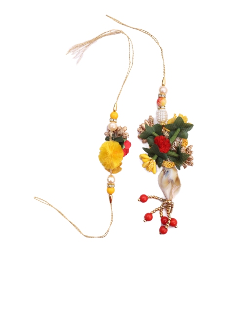 

NAMASYA Yellow & Red Bhaiya Bhabhi Rakhi Set With Red Floral Work
