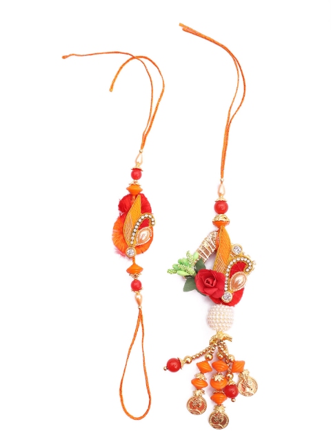 

NAMASYA Red and Orange Bhaiya Babhi Rakhi Set