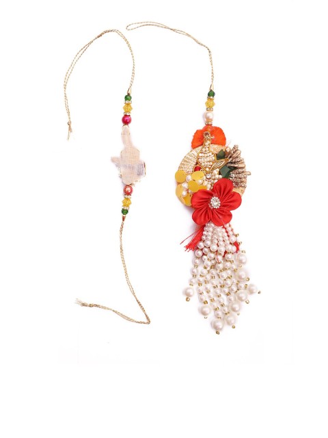 

NAMASYA Gold-Toned & Red Floral Bhaiya Babhi Rakhi Set With Bead Work