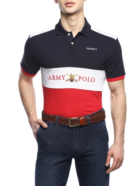 

HACKETT LONDON Men Navy Blue & Red Printed Polo Collar Colourblocked T-shirt