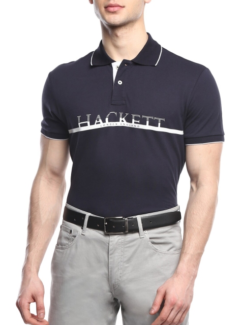 

HACKETT LONDON Men Navy Blue Typography Printed Polo Collar T-shirt