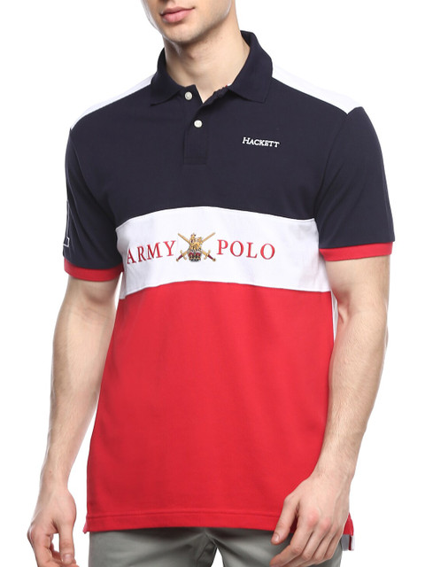 

HACKETT LONDON Men Navy Blue & Red Colourblocked Polo Collar T-shirt