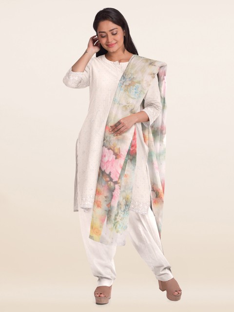 

Pothys Cream-Coloured & Green Printed Unstitched Dress Material