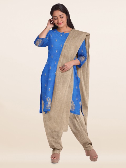 

Pothys Blue & Taupe Printed Unstitched Dress Material