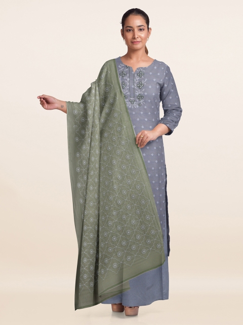 

Pothys Grey & Olive Green Embroidered Unstitched Dress Material