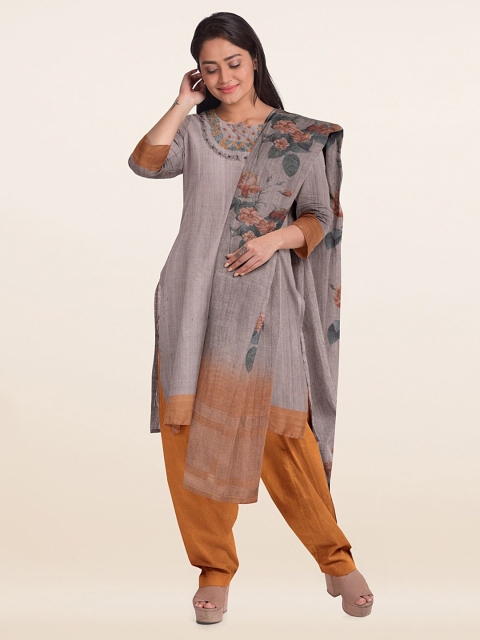 

Pothys Grey & Brown Embroidered Unstitched Dress Material