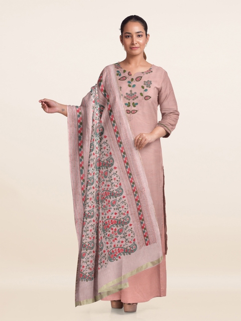 

Pothys Peach-Coloured & Green Printed Unstitched Dress Material