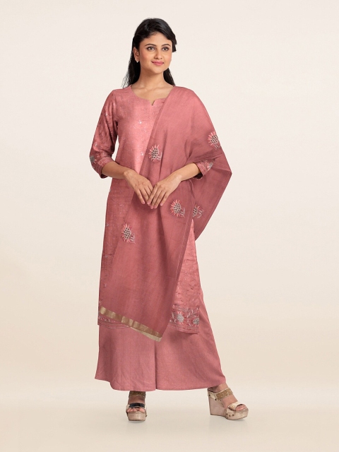 

Pothys Peach-Coloured & Silver-Toned Embroidered Unstitched Dress Material