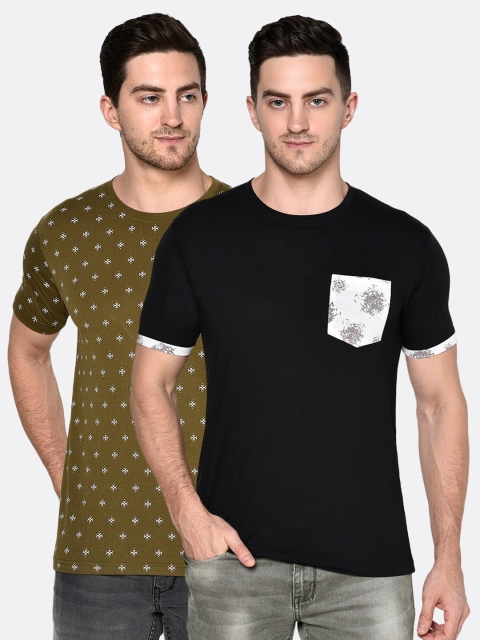 

ELEGANCE Men Olive Green & Black Pack Of 2 Printed T-shirts