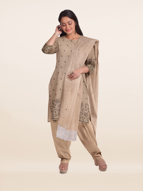 

Pothys Beige & Black Embroidered Linen Unstitched Dress Material
