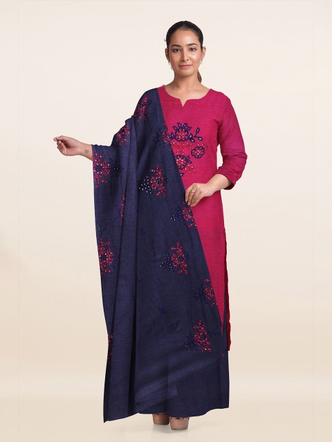 

Pothys Pink & Blue Embroidered Art Silk Unstitched Dress Material