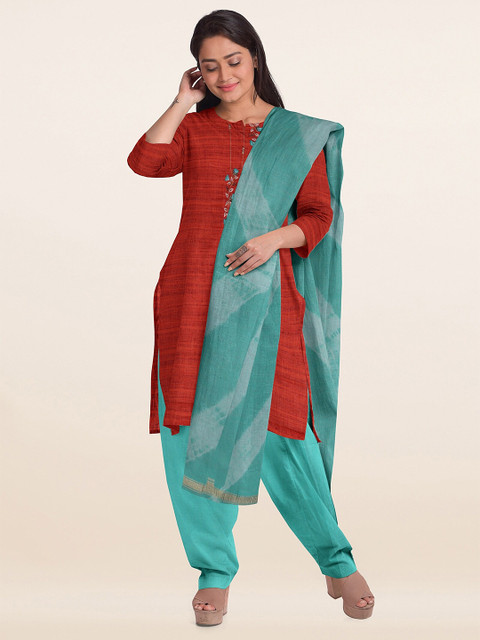 

Pothys Red & Blue Art Silk Unstitched Dress Material