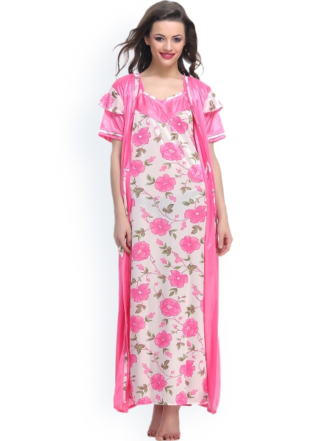 

Clovia Pink & White Floral Print Nightdress Set NSM423P22O