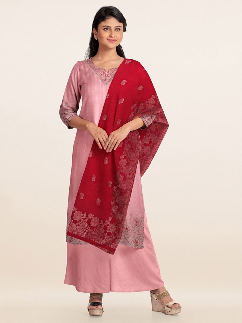 

Pothys Pink & Red Embroidered Unstitched Dress Material