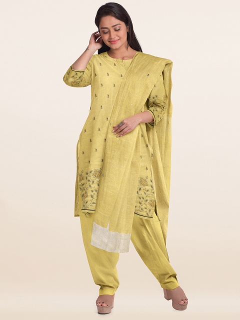

Pothys Yellow & Silver-Toned Linen Unstitched Dress Material