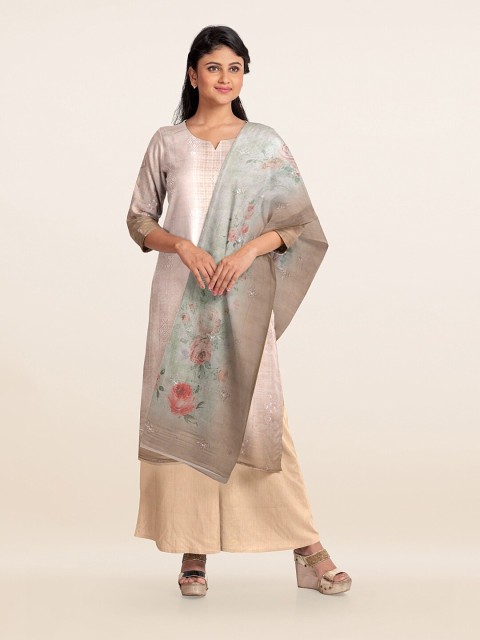 

Pothys Cream-Coloured & Grey Printed Unstitched Dress Material