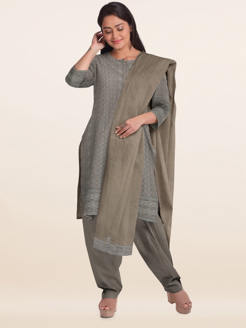 

Pothys Grey & Olive Green Unstitched Dress Material