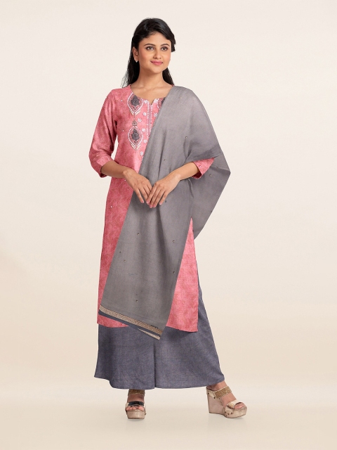 

Pothys Peach-Coloured & Grey Embroidered Unstitched Dress Material