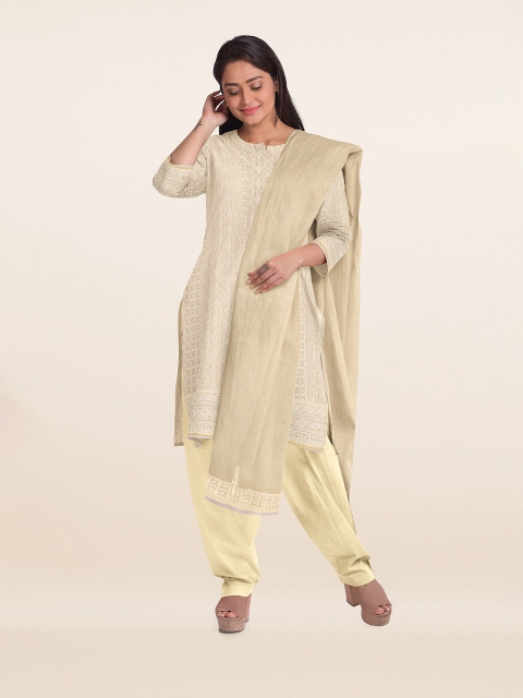 

Pothys Beige & White Embroidered Unstitched Dress Material