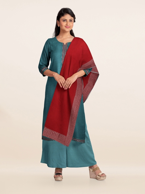 

Pothys Teal Blue & Red Unstitched Dress Material