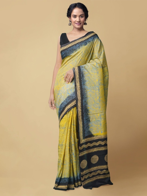 

Unnati Silks Yellow & Black Hand Block Printed Pure Silk Baluchari Saree