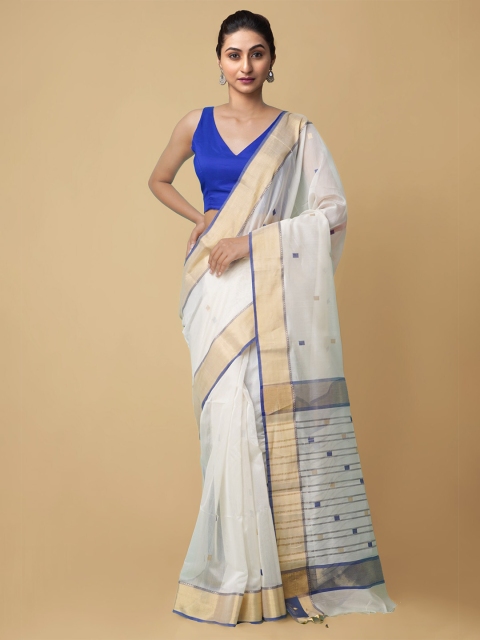 

Unnati Silks Women White & Blue Pure Handloom Maheshwari Sico Sustainable Saree