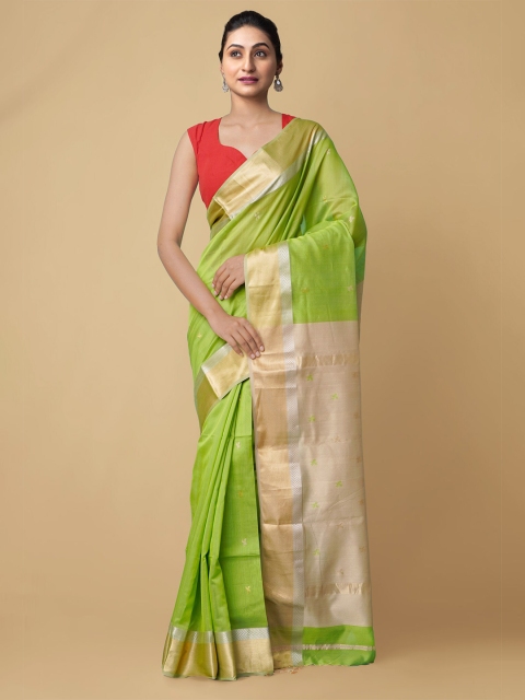 

Unnati Silks Green & Gold-Toned Woven Design Zari Silk Cotton Maheshwari Sustainable Saree