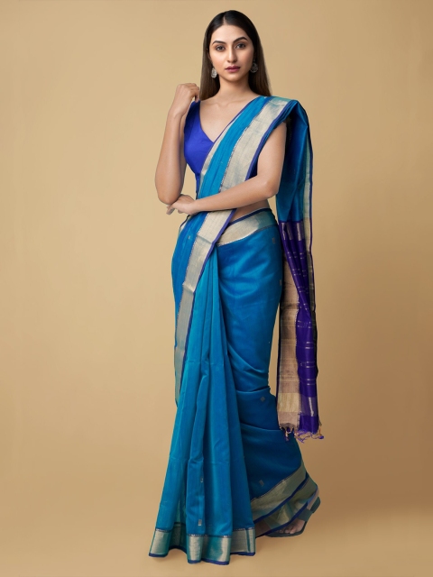 

Unnati Silks Blue & Gold-Toned Zari Silk Cotton Maheshwari Saree