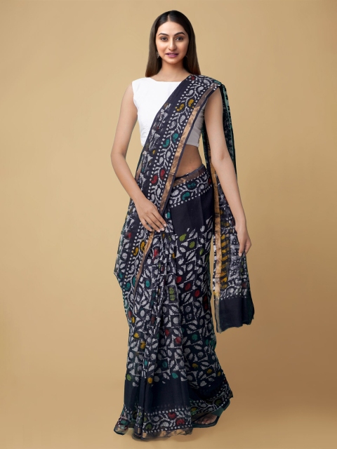 

Unnati Silks Black & White Batik Printed Zari Pure Cotton Kota Saree