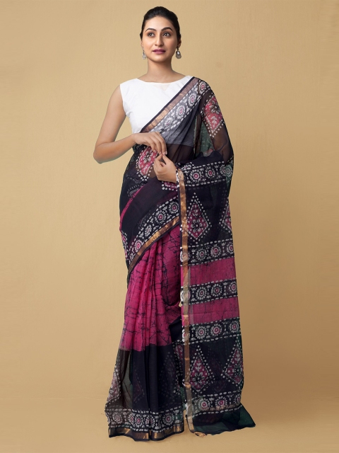 

Unnati Silks Pink & Black Batik Zari Pure Cotton Kota Saree