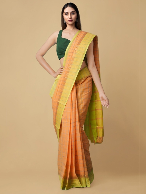 

Unnati Silks Orange & Green Checked Zari Pure Cotton Pavni Mangalagiri Saree