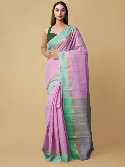

Unnati Silks Pink & Sea Green Checked Zari Pure Cotton Sustainable Mangalagiri Saree