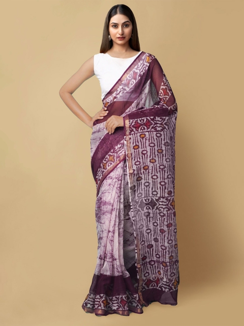 

Unnati Silks Cream-Coloured & Maroon Batik Pure Cotton Kota Sustainable Saree