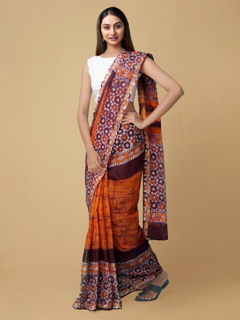 

Unnati Silks Orange & Maroon Batik Zari Pure Cotton Kota Saree