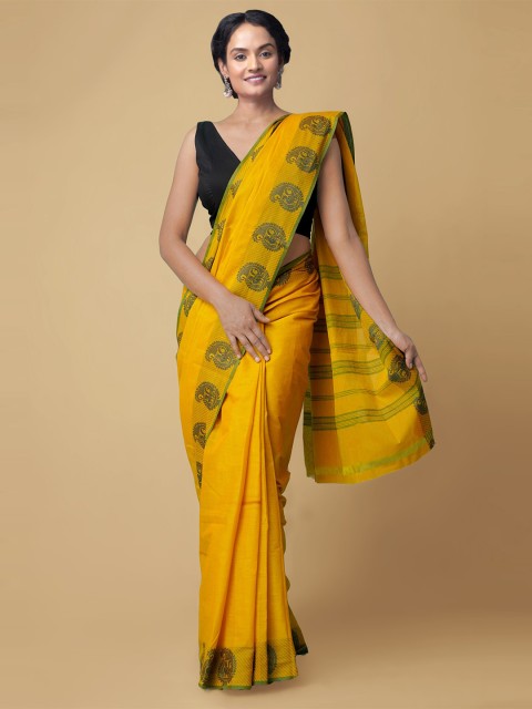 

Unnati Silks Yellow & Sea Green Pure Handloom Cotton Sustainable Chettinad Saree
