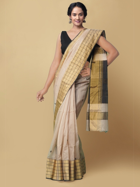 

Unnati Silks Cream-Coloured & Black Zari Silk Cotton Maheshwari Saree