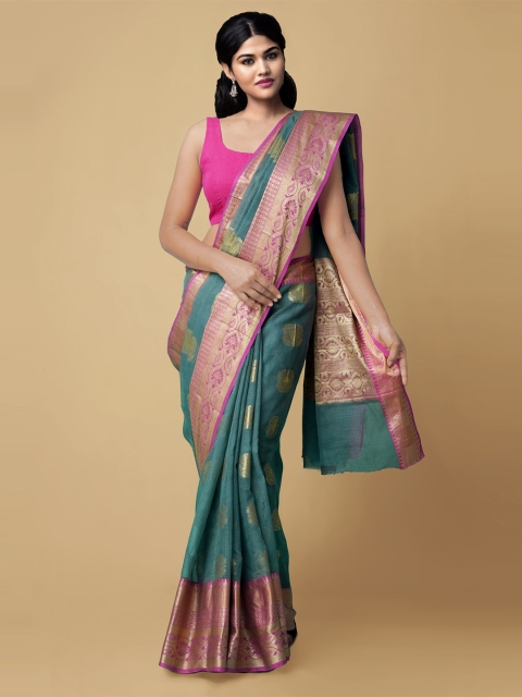 

Unnati Silks Sea Green & Magenta Checked Zari Kota Sustainable Saree