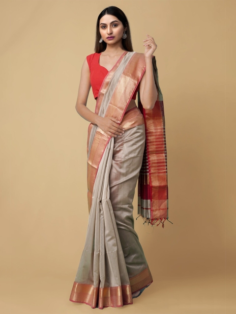 

Unnati Silks Grey & Maroon Woven Design Zari Silk Cotton Maheshwari Saree