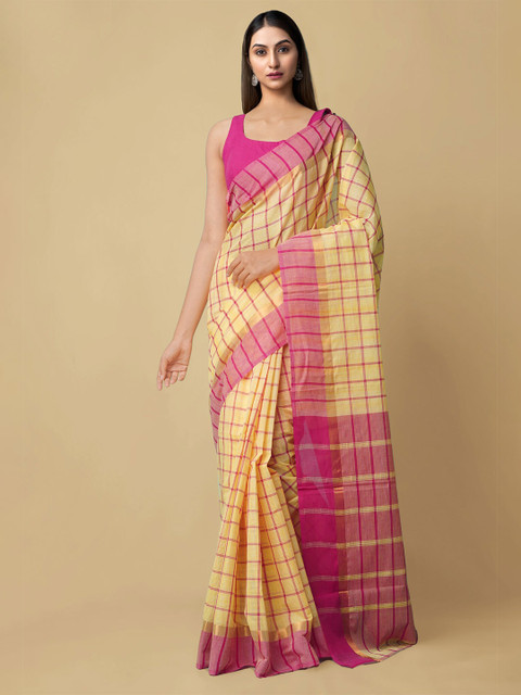 

Unnati Silks Yellow & Pink Checked Zari Pure Pavni Cotton Mangalagiri Saree