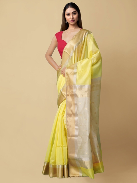 

Unnati Silks Yellow & Beige Woven Design Zari Pure handloom Sustainable Maheshwari Saree