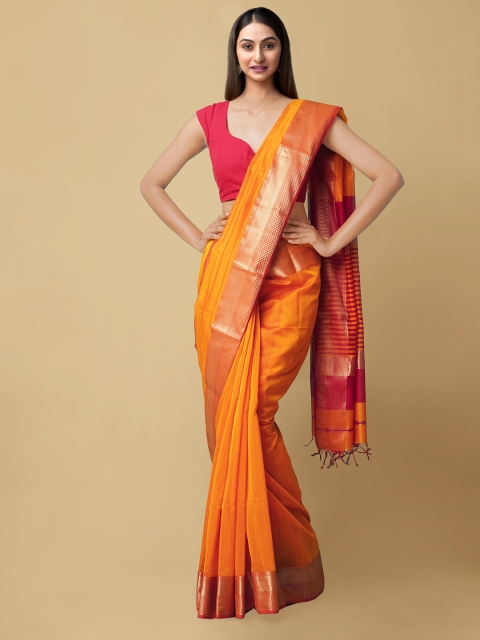 

Unnati Silks Orange & Red Zari Silk Cotton Handloom Sustainable Maheshwari Saree