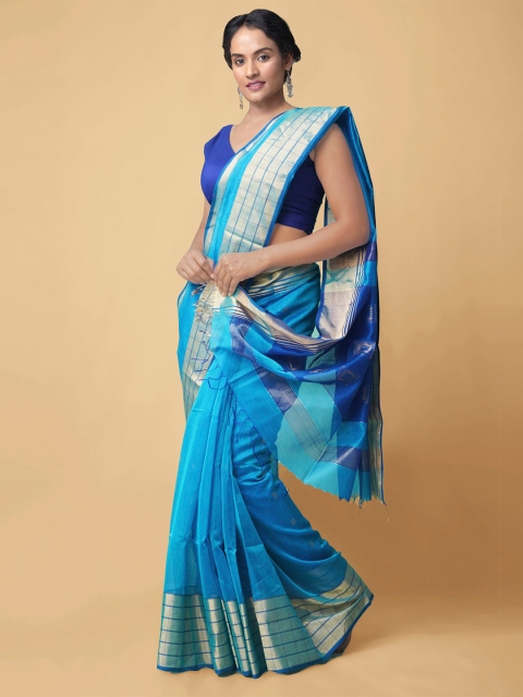

Unnati Silks Women Blue & Silver-Toned Pure Handloom Maheshwari Sico Sustainable Saree