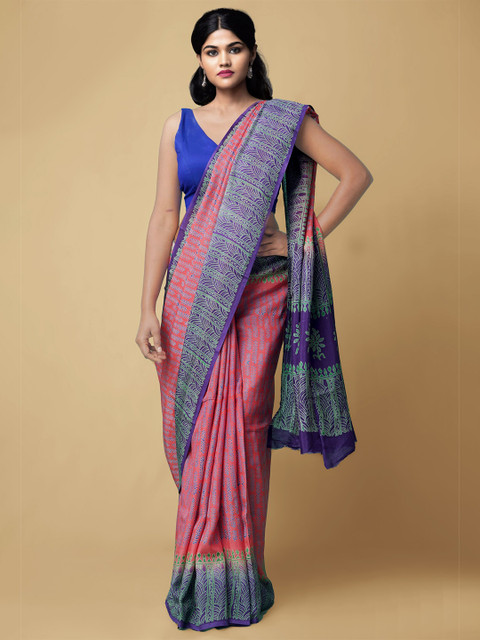 

Unnati Silks Pink & Blue Floral Pure Silk Baluchari Saree