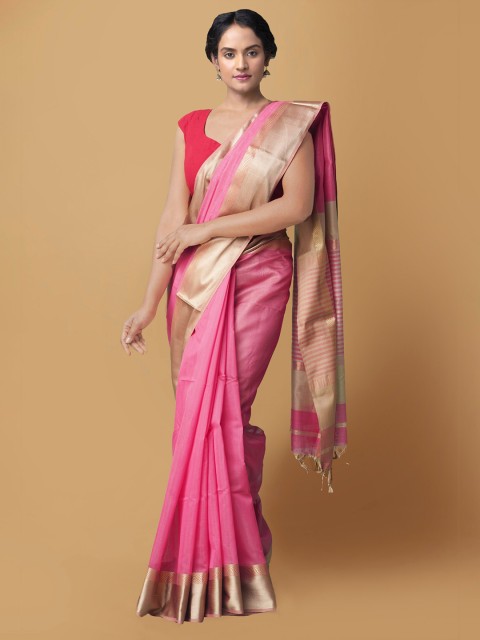 

Unnati Silks Pink & Gold-Toned Zari Silk Cotton Maheshwari Sustainable Saree