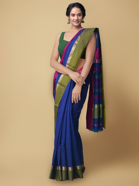 

Unnati Silks Blue & Green Woven Design Zari Silk Cotton Maheshwari Saree