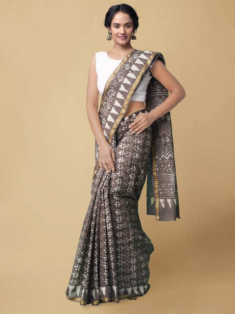 

Unnati Silks Grey & White Ethnic Motifs Pure Dabu Printed Cotton Sustainable Saree